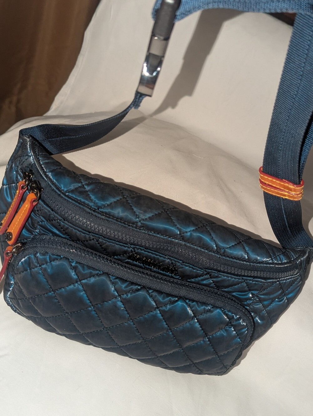 MZ Wallace Metro Quilted Sling Navy /Waist Bag with Leather Pulls - Picture 5 of 14
